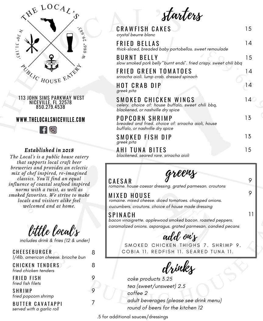 the-locals-menu-seafood-niceville the locals eatery menu with appetizers and seafood.