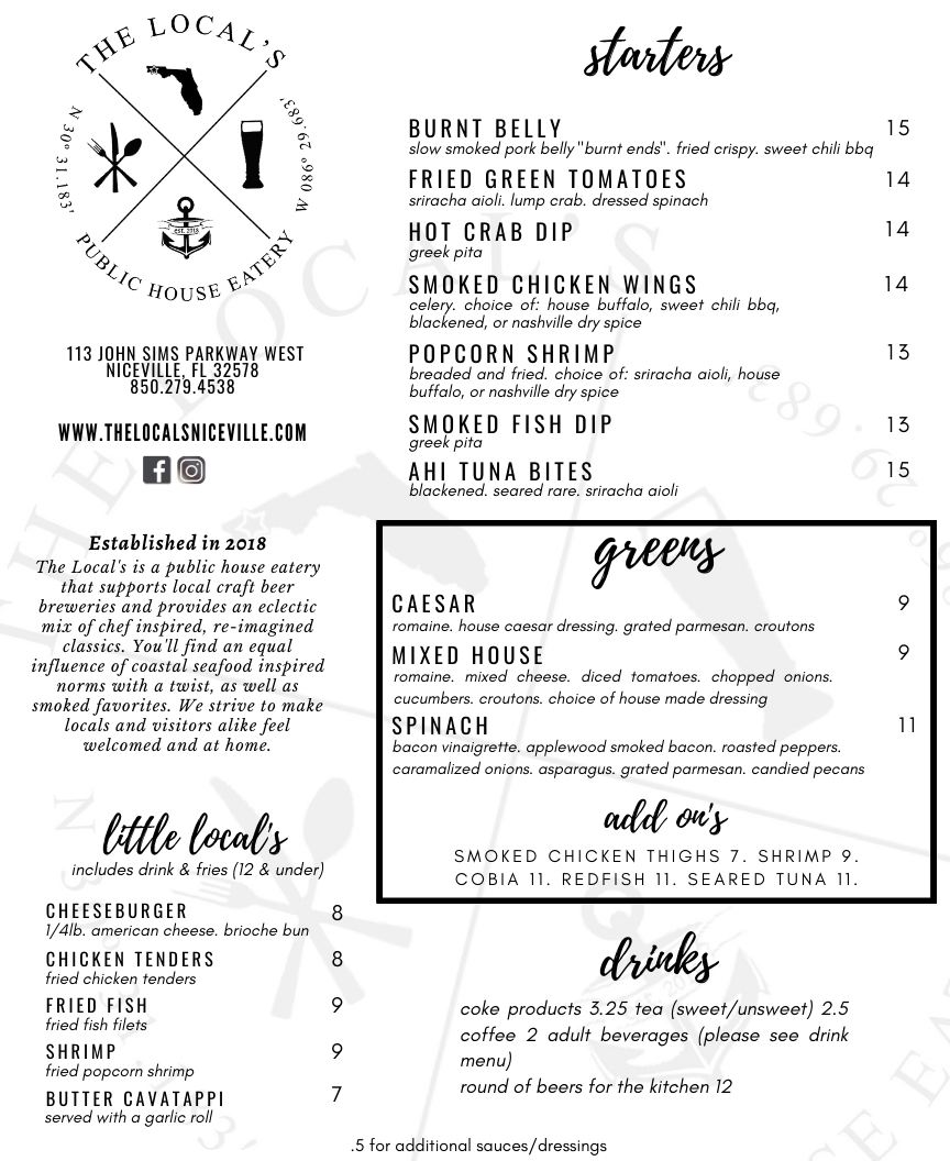 THE LOCALS MENU-081222 the locals eatery menu with appetizers and seafood.
