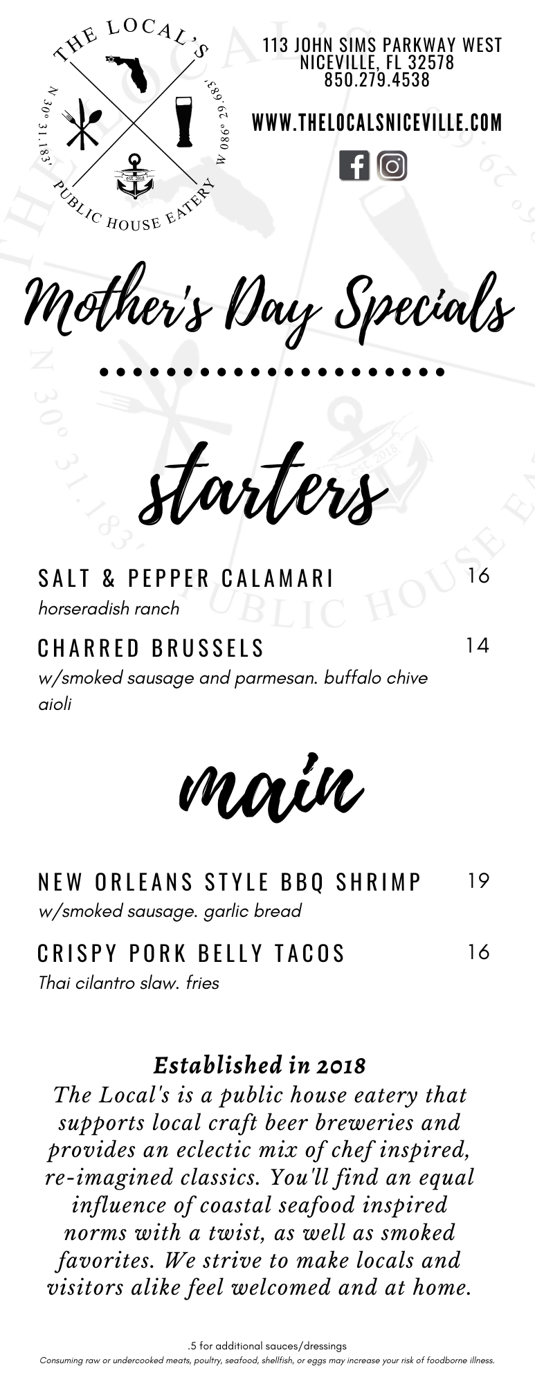 The Local's Mothers Day Specials 2023 Menu