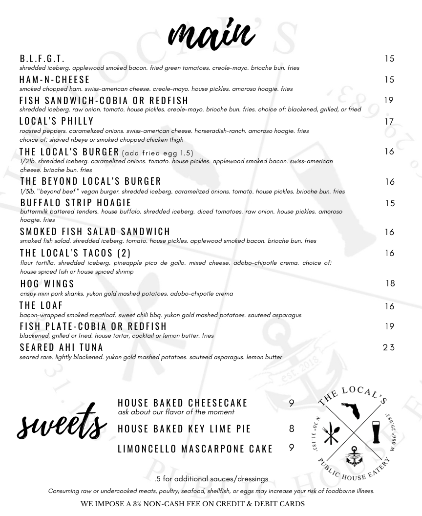 back The Local's Menu seafood specialty entrees