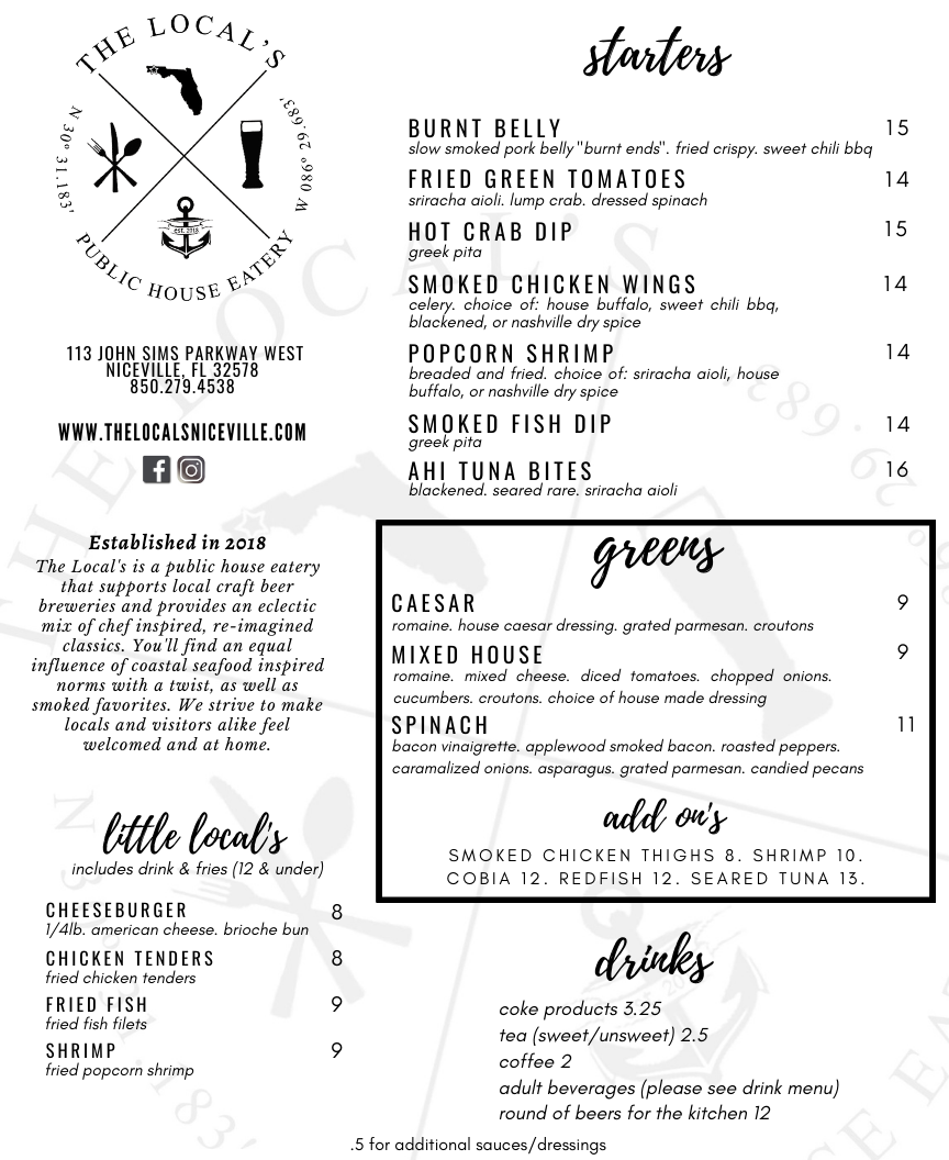 front the locals eatery menu with appetizers and seafood.
