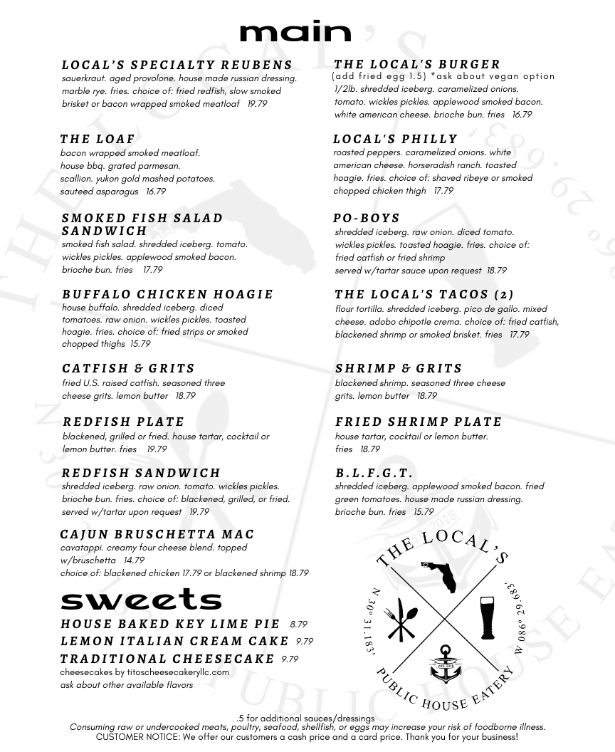 The Local's Menu seafood specialty entrees 