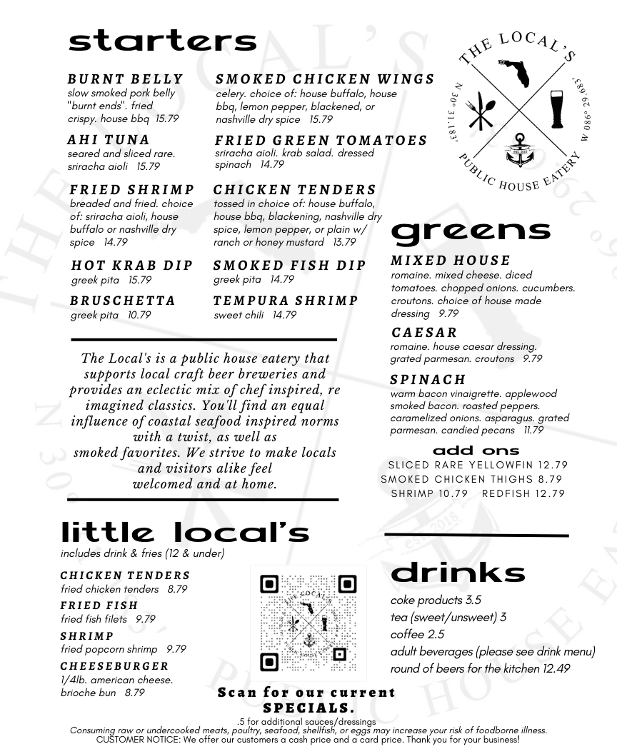 the locals eatery menu with appetizers and seafood.